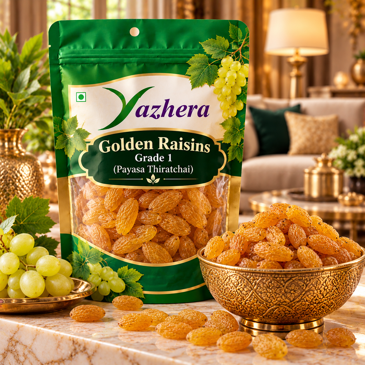 golden raisins in elegant green packaging Grade 1 Golden Raisins (Payasa Thiratchai) – premium golden dried grapes for snacking and desserts
