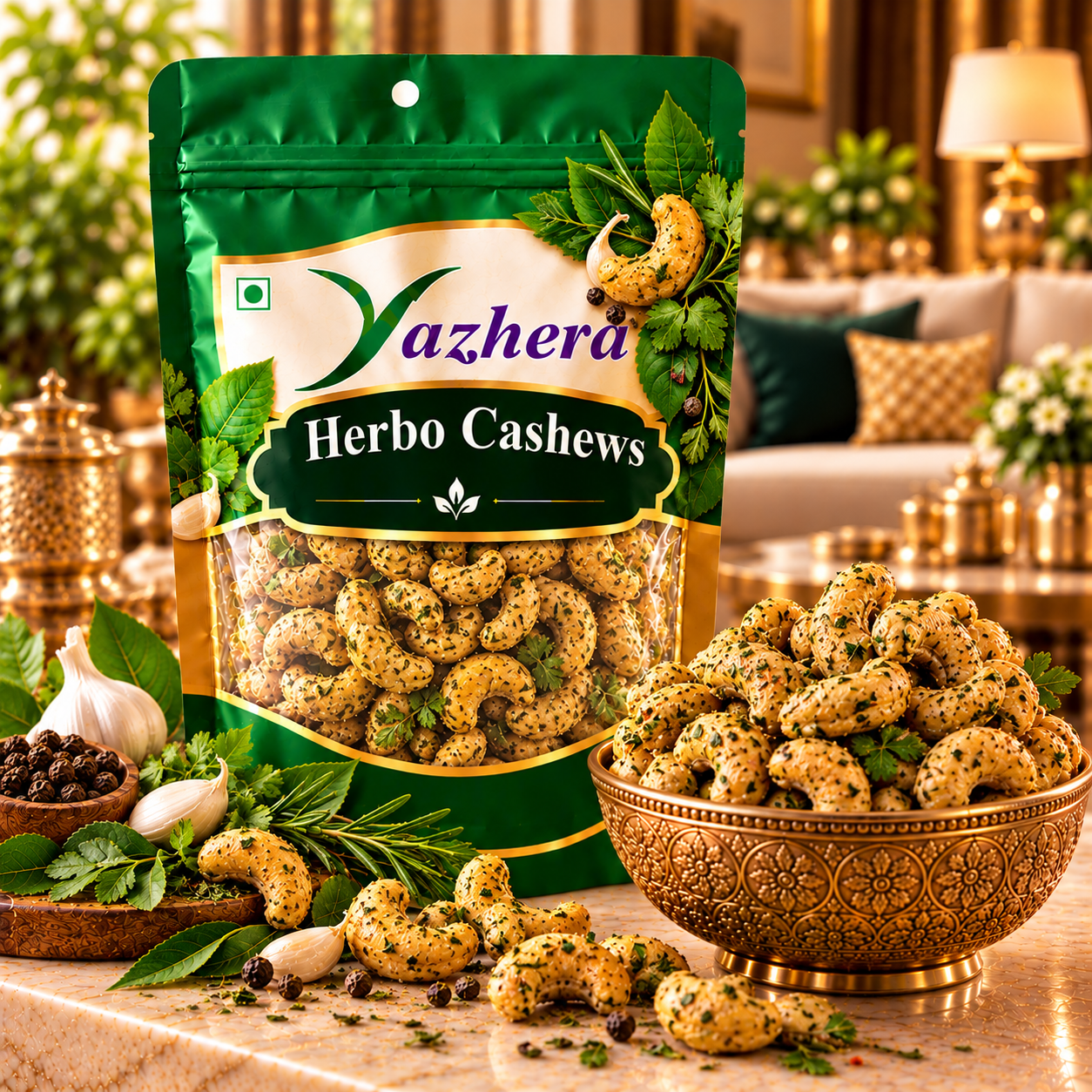 luxurious herbo cashews product display Premium Herbo Cashews – flavorful cashew nuts seasoned with a special herbal spice blend