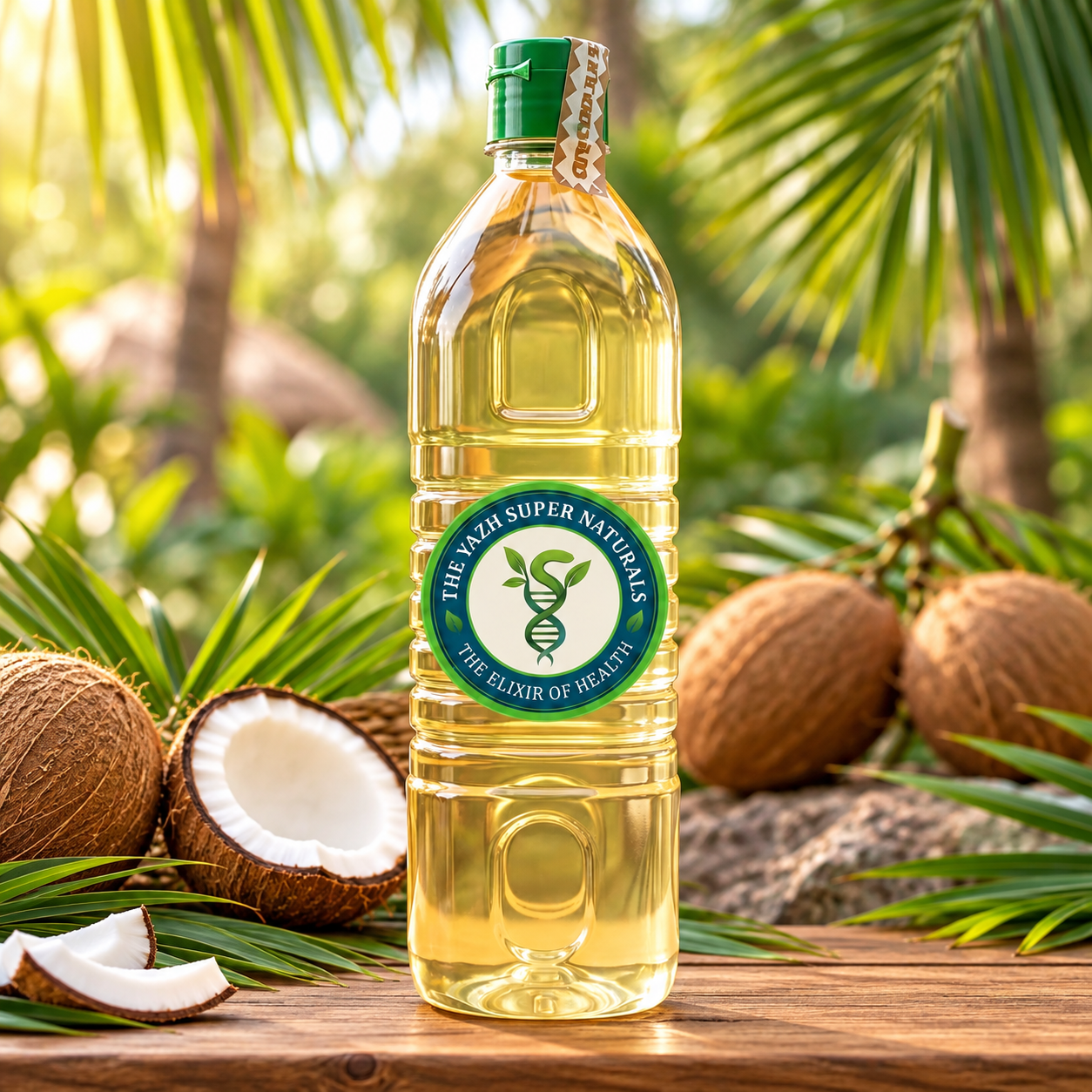 tropical coconut oil elixir advertisement The Yazh Super Naturals coconut oil bottle with fresh coconuts and tropical greenery