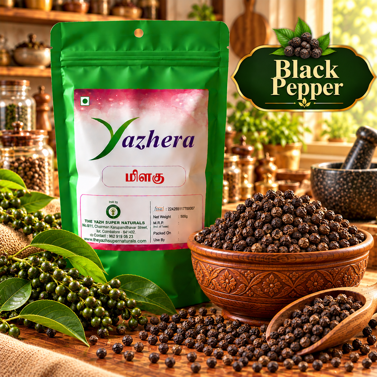 yazhera black pepper spice display Premium black pepper – whole peppercorns for flavourful Indian cooking and traditional recipes