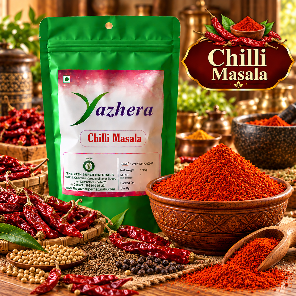 yazhera chilli masala spice showcase Premium Chilli Masala powder – spicy red chilli spice blend for Indian cooking