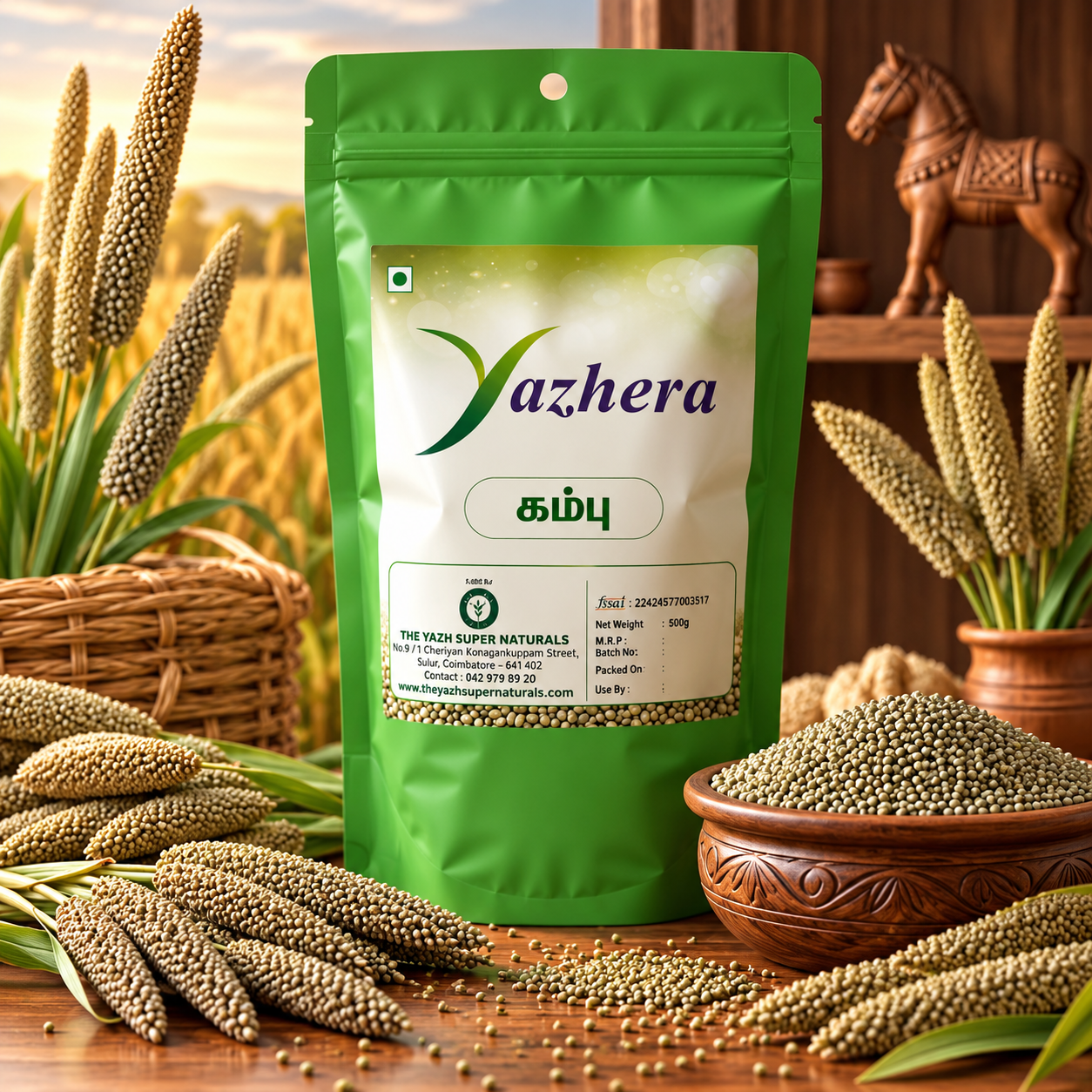 yazhera millet pouch in rustic farm setting Pearl Millet (கம்பு) – Traditional nutritious millet grains rich in essential nutrients