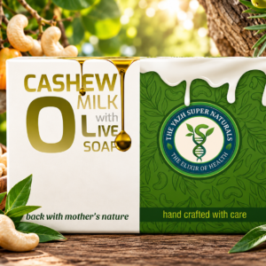 Cashew Milk with Olive Soap by The Yazh Super Naturals in a natural cashew and olive setting