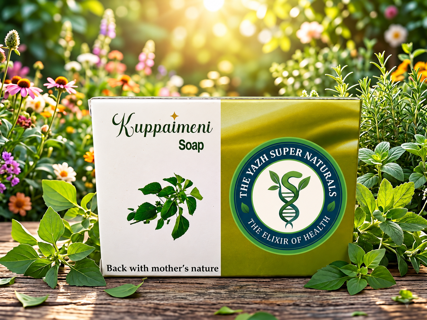 lush garden kuppaimeni soap showcase Kuppaimeni herbal soap by The Yazh Super Naturals in a natural garden setting