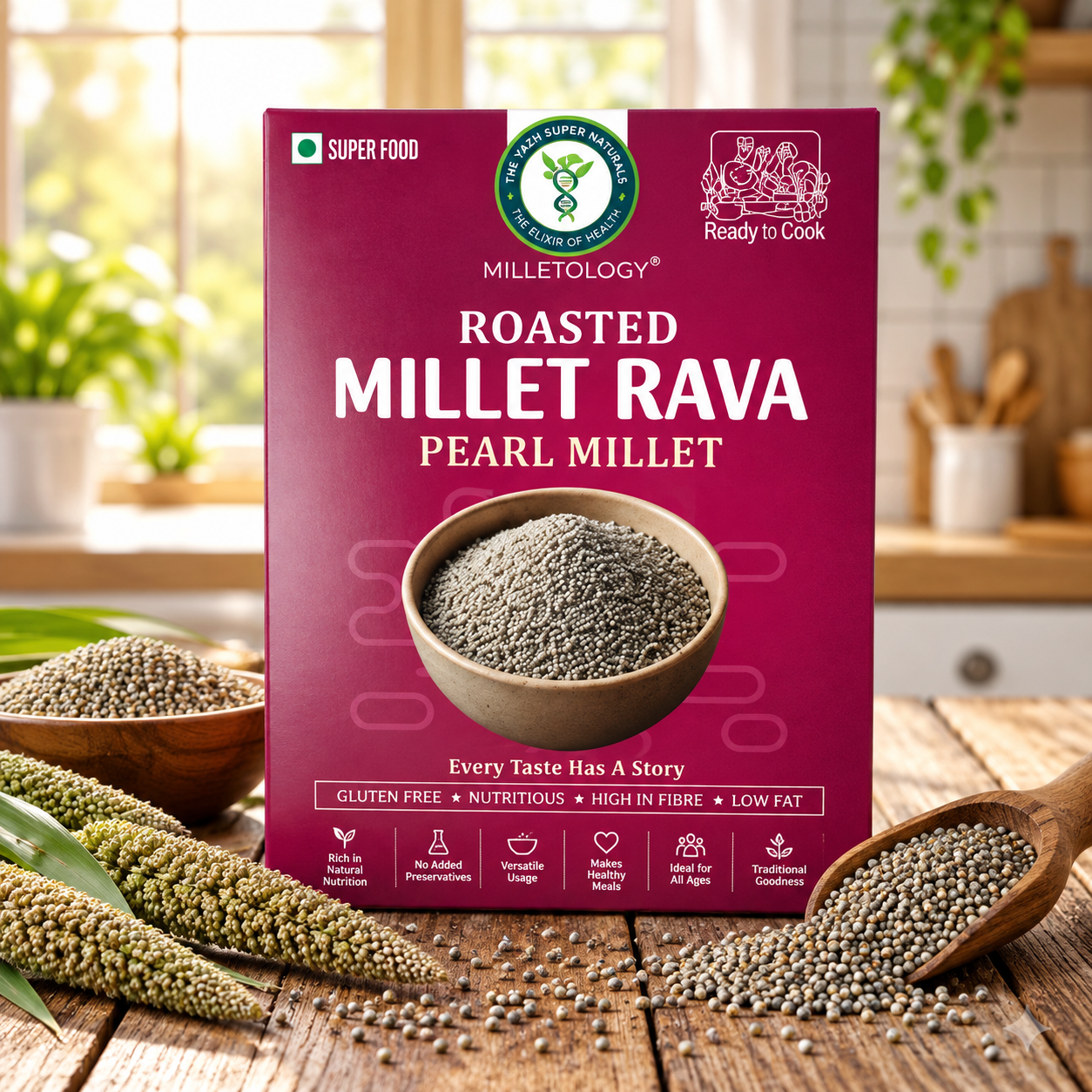 roasted millet rava wellness display Foxtail Millet Rava (திணை ரவை) – Nutritious millet rava for healthy traditional and everyday recipes