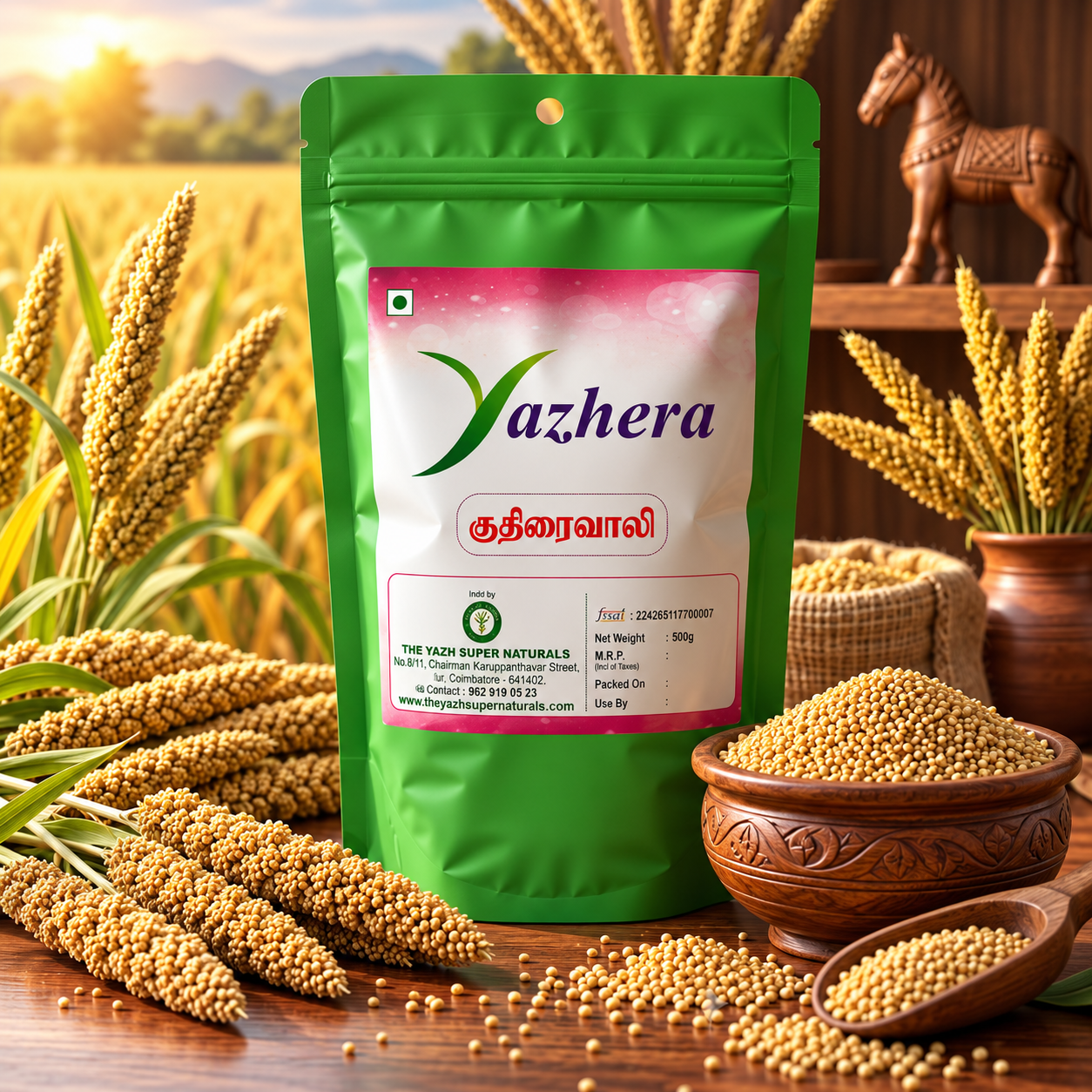 yazhera millet golden harvest packaging Barnyard Millet (குதிரைவாலி) – Traditional nutritious millet grains for healthy everyday meals